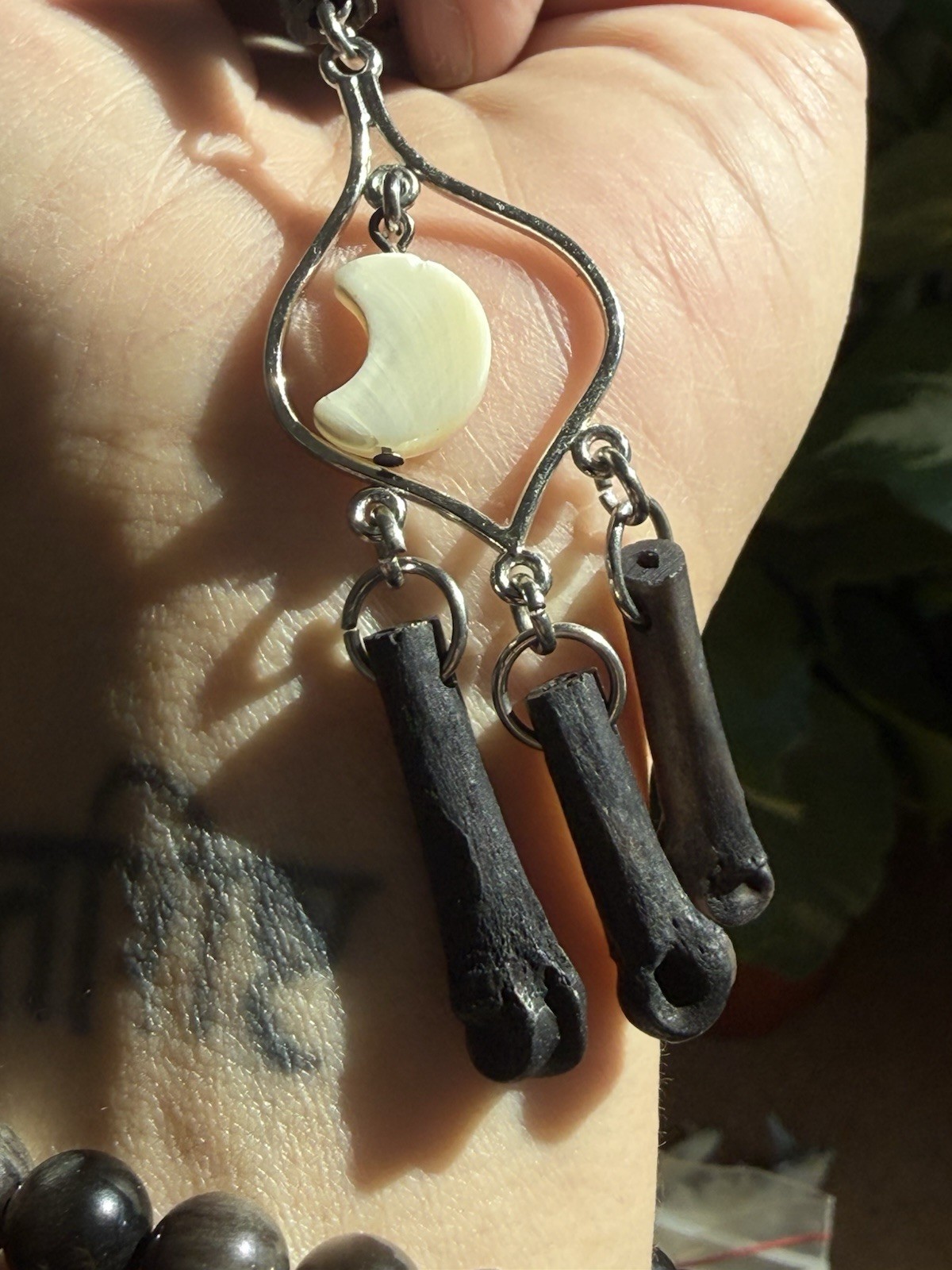 Abalone moon coyote bone necklace pendant oddities jewelry boho layering