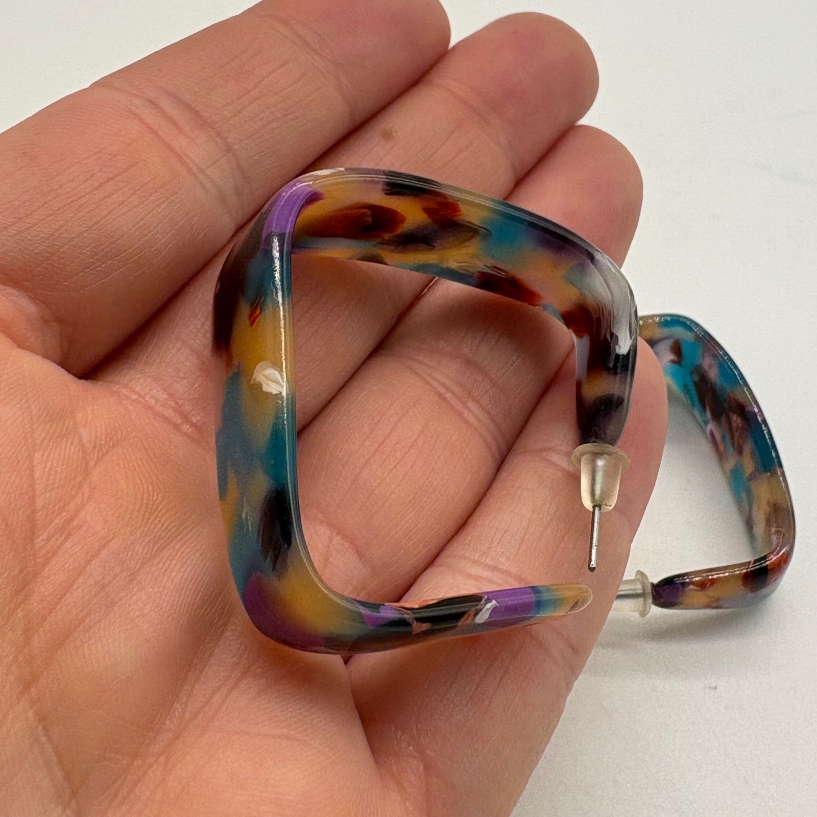 Multicolor Resin Square Hoop Earrings Blue Purple Yellow Acrylic Geometric