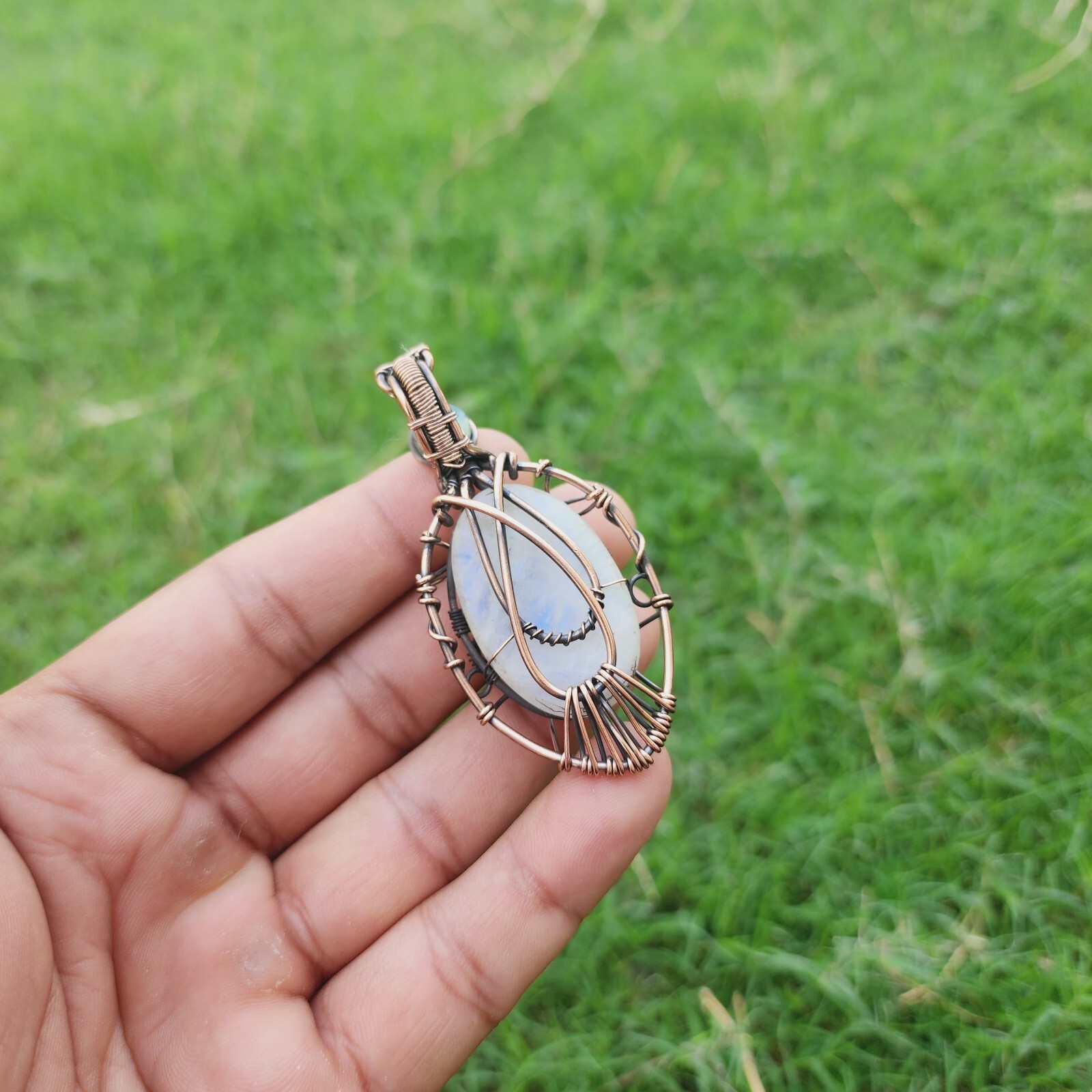 Rainbow Moonstone Labradorite Handmade Wire Wrapped Evil Eye Pendant Jewelry