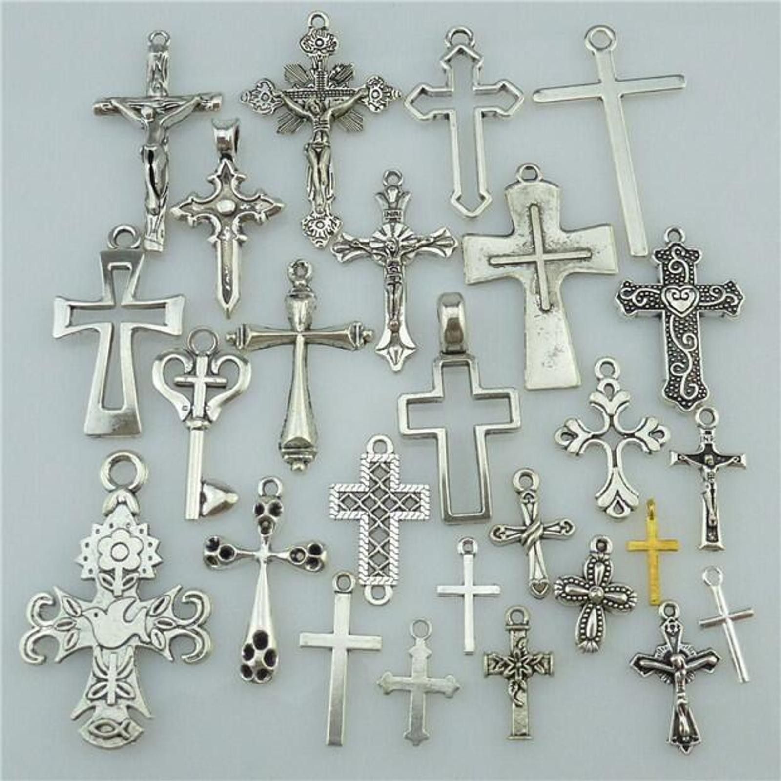 25PCS MIX Cross Pendant Vintage Antique Silver Tone Alloy Faith Religious Charm
