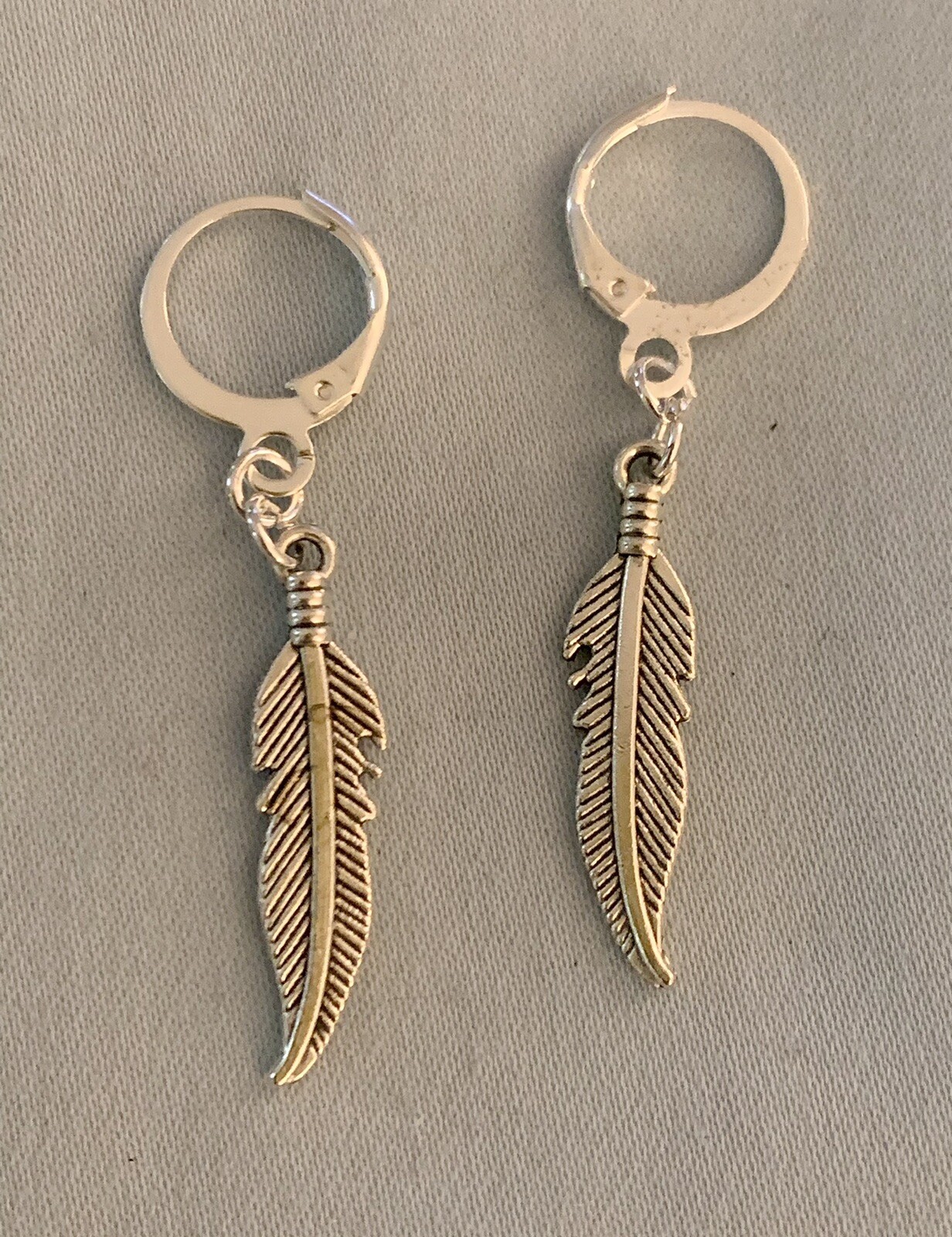 Handmade USA Silver Tone Feather Earrings. 1 3/4 Inches Long W Leverback Clasp.
