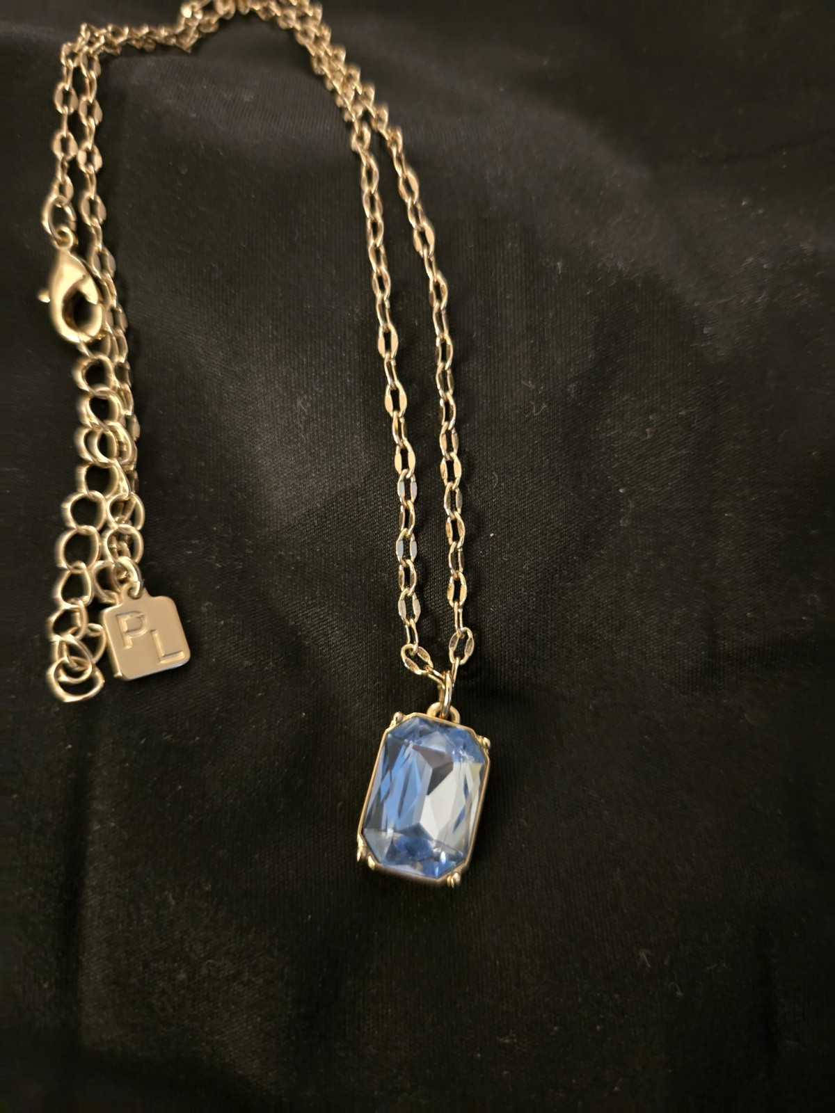 Gold Tone Rectangle Blue Crystal Pendant Necklace, Adjustable Cable Chain