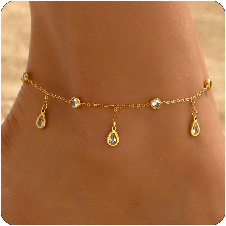 Anklet Bracelets for Women 18K Gold Plated Tennis Anklets Droplet CZ-Gold