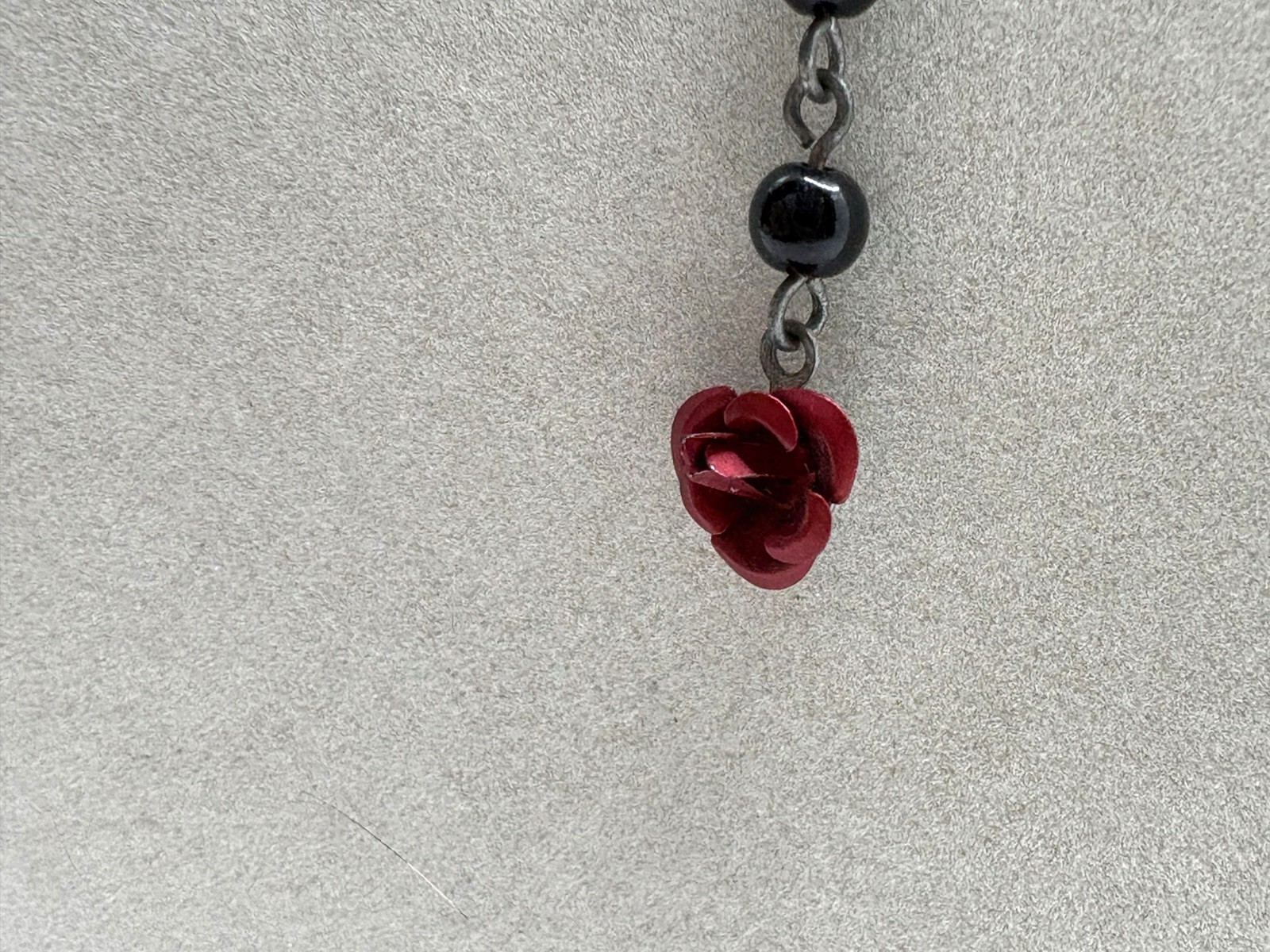 Gothic Black Beaded Y Drop Necklace W/ Pewter Skull & Red Rose