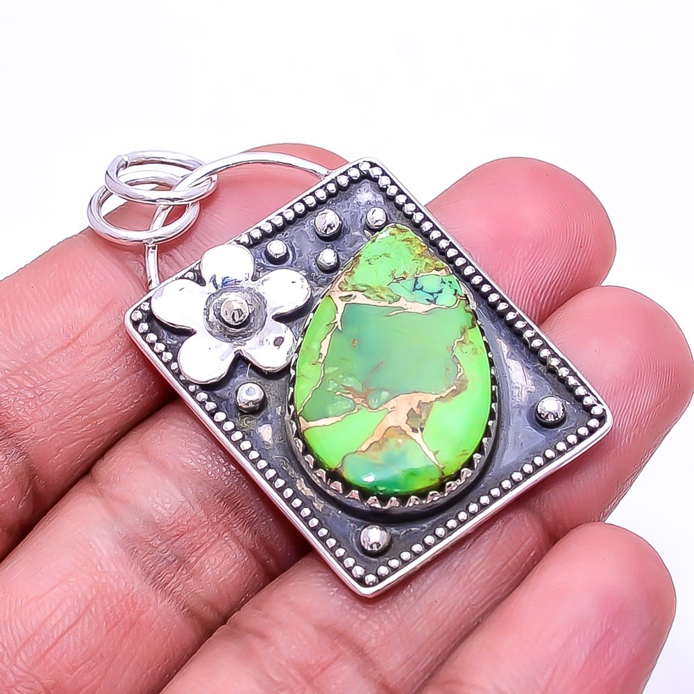 Copper Green Turquoise Oxidised Designer 925 Sterling Silver Pendant 1.76″ P19