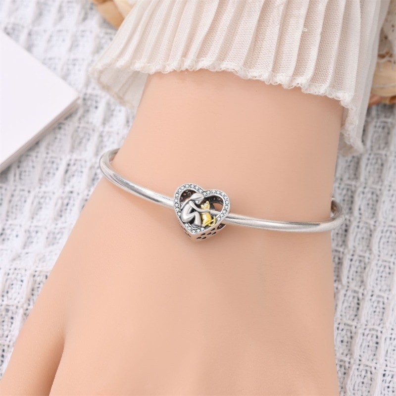 KUNSIR Heart Bead Sterling Silver Cat Charms for Bracelet DIY Pet Lover Gifts