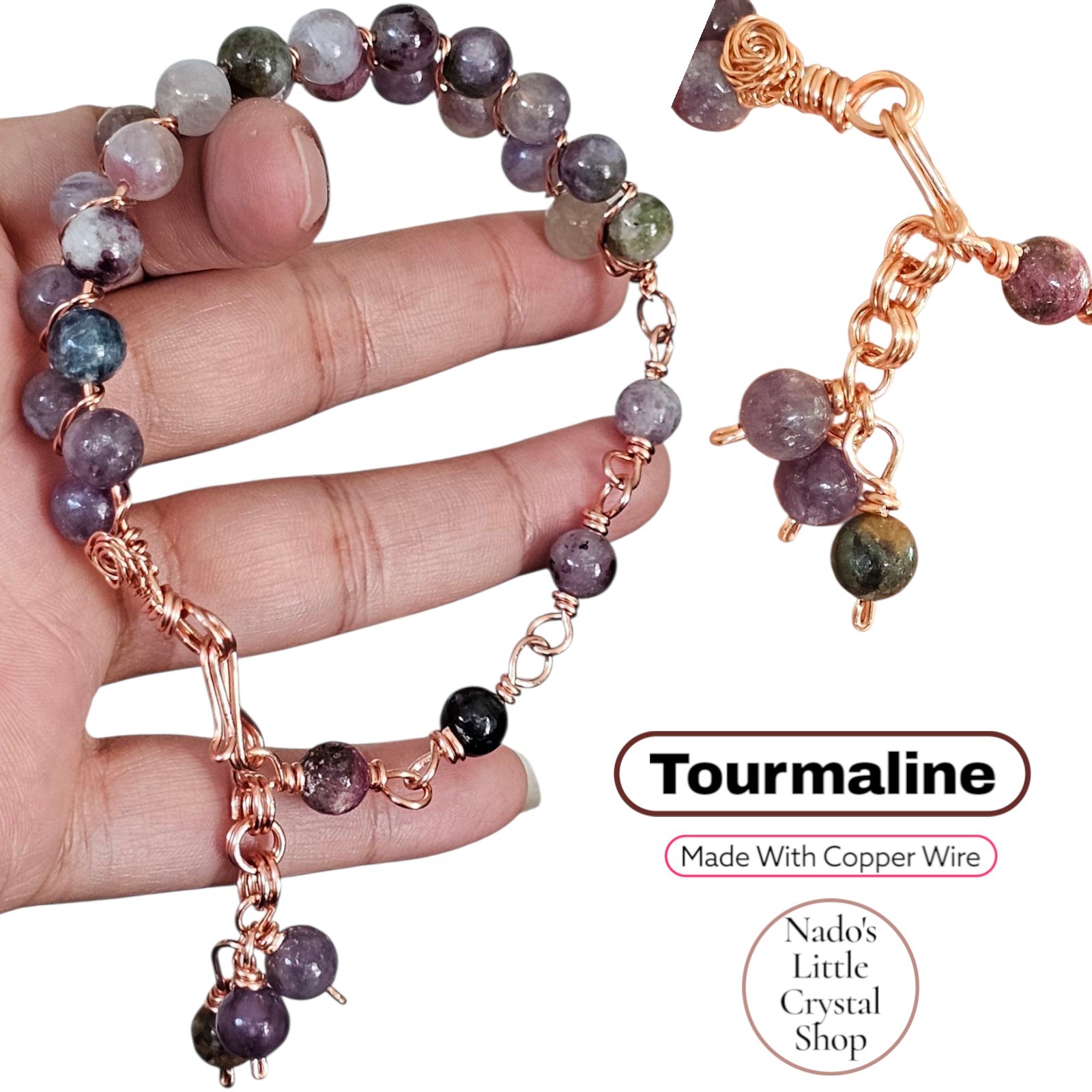 Tourmaline Crystal Half Bangle Made With Copper Wire 7.8mm Beads