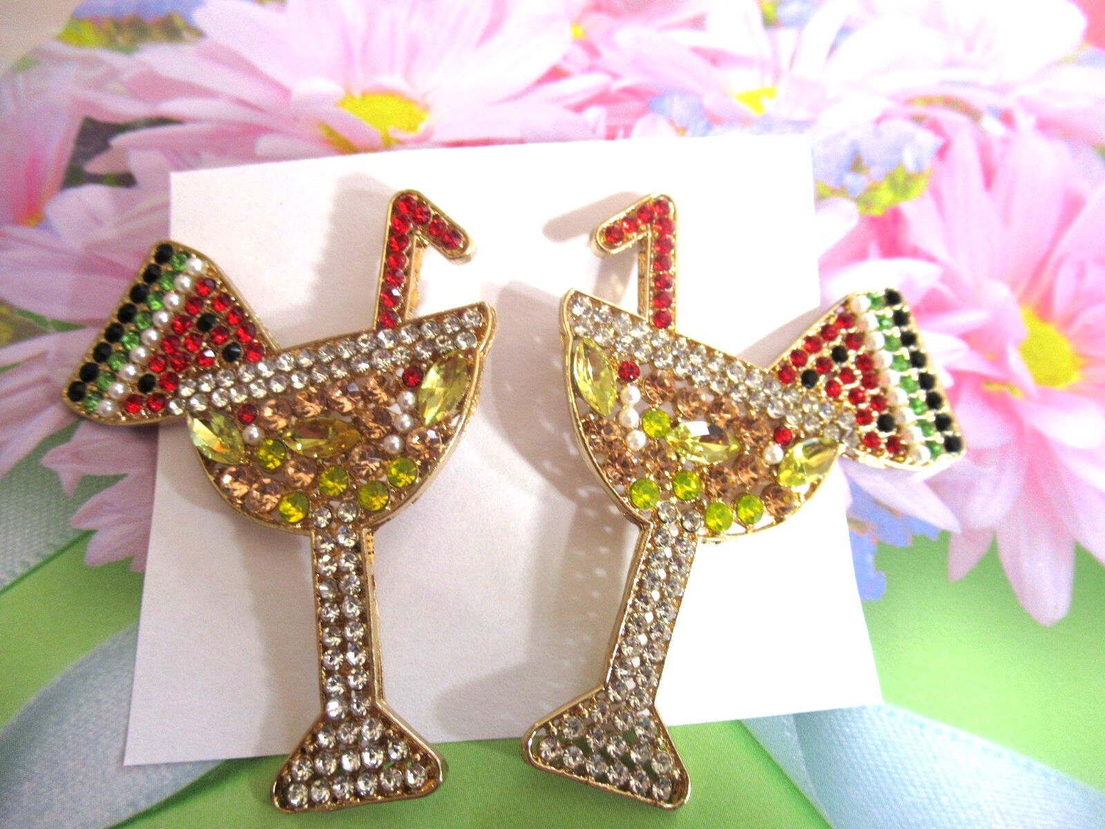 BIG 2.50″ DRY MARTINI COCKTAIL FRUIT COCKTAIL AB RHINESTONE DANGLE EARRINGS