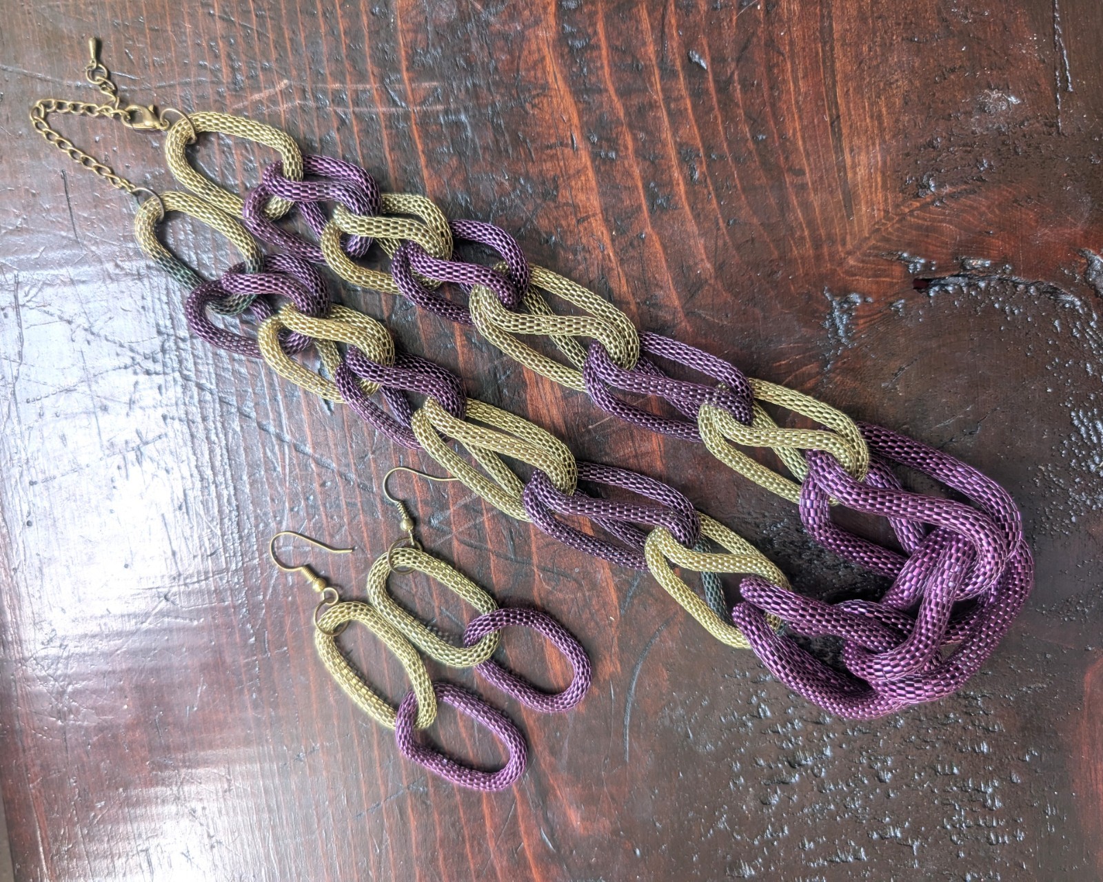 Goldtone+Purple Mesh Necklace+ Earrings Chunky Statement Hip Hop Flashy Cosplay