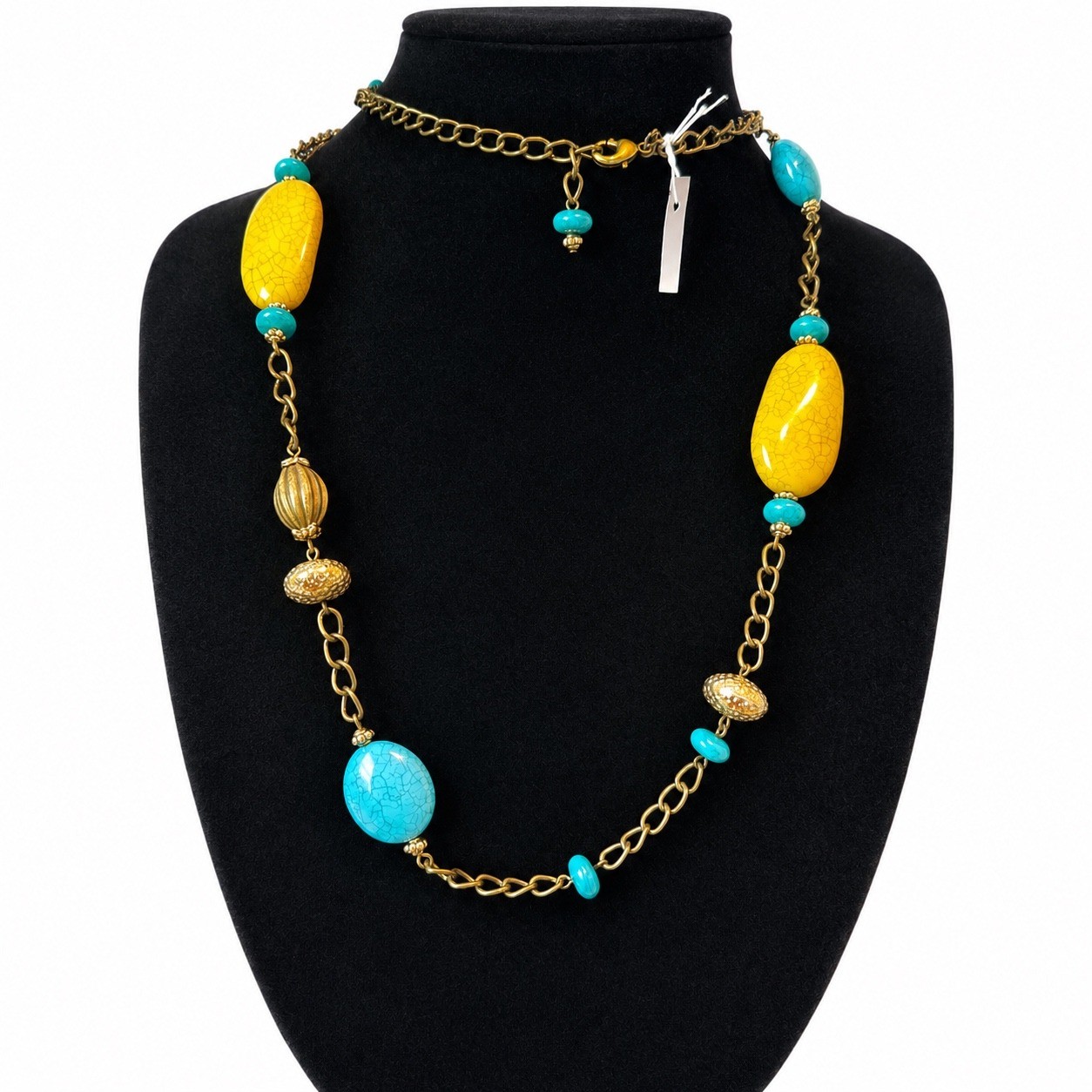Premiere Turquoise Yellow Chunky Beaded Statement Necklace Gold Tone OS