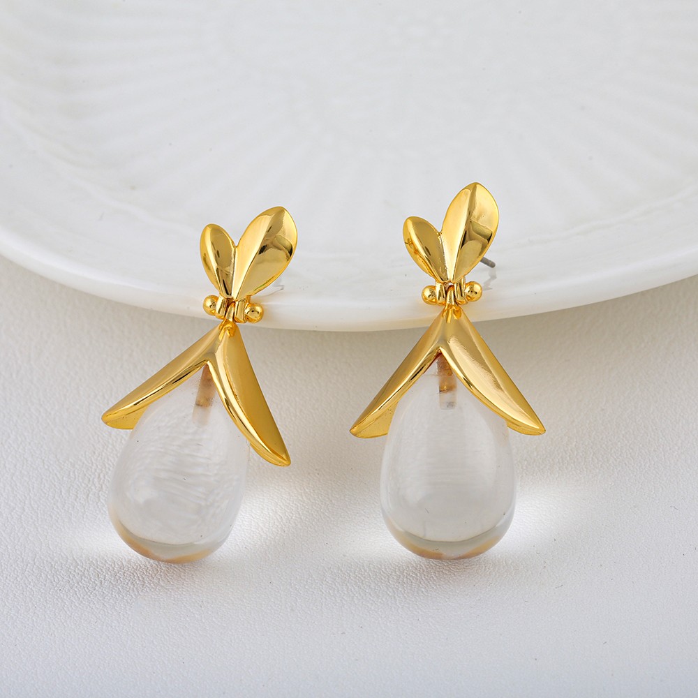 Green Opal Teardrop Floral Dangle Earrings 18K Gold Plated Brass For Ladies
