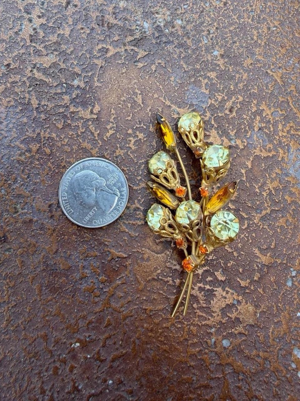 Gold Tone Floral Spray Brooch Pin Yellow Rhinestones & Amber Navette Stones