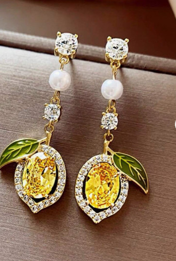 Yellow Rhinestone Drop Dangle Earrings Faux White Pearl Wedding Bridal Prom Stud