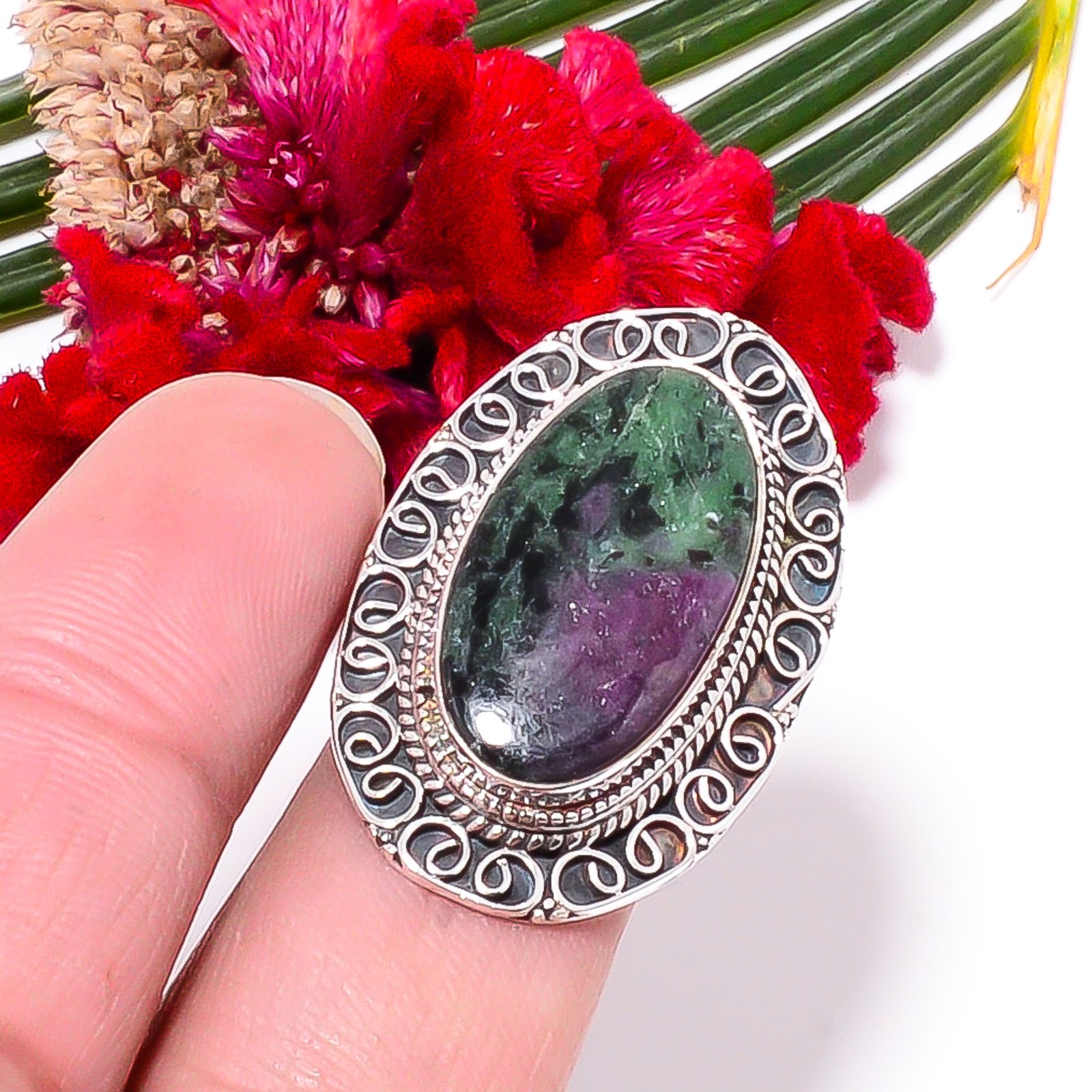 Ruby With Zoisite Fine Art Oxidised 925 Sterling Silver Ring s.9 Sk17, Christmas