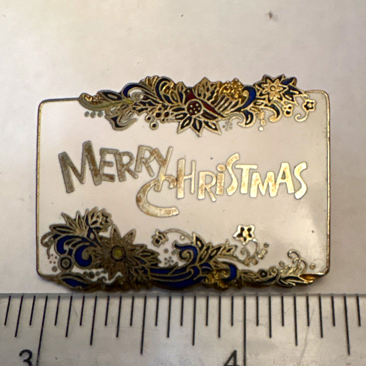 Signed Merry Christmas Rectangle Enamel Brooch Pin Gold Tone 2in Centennia 1979