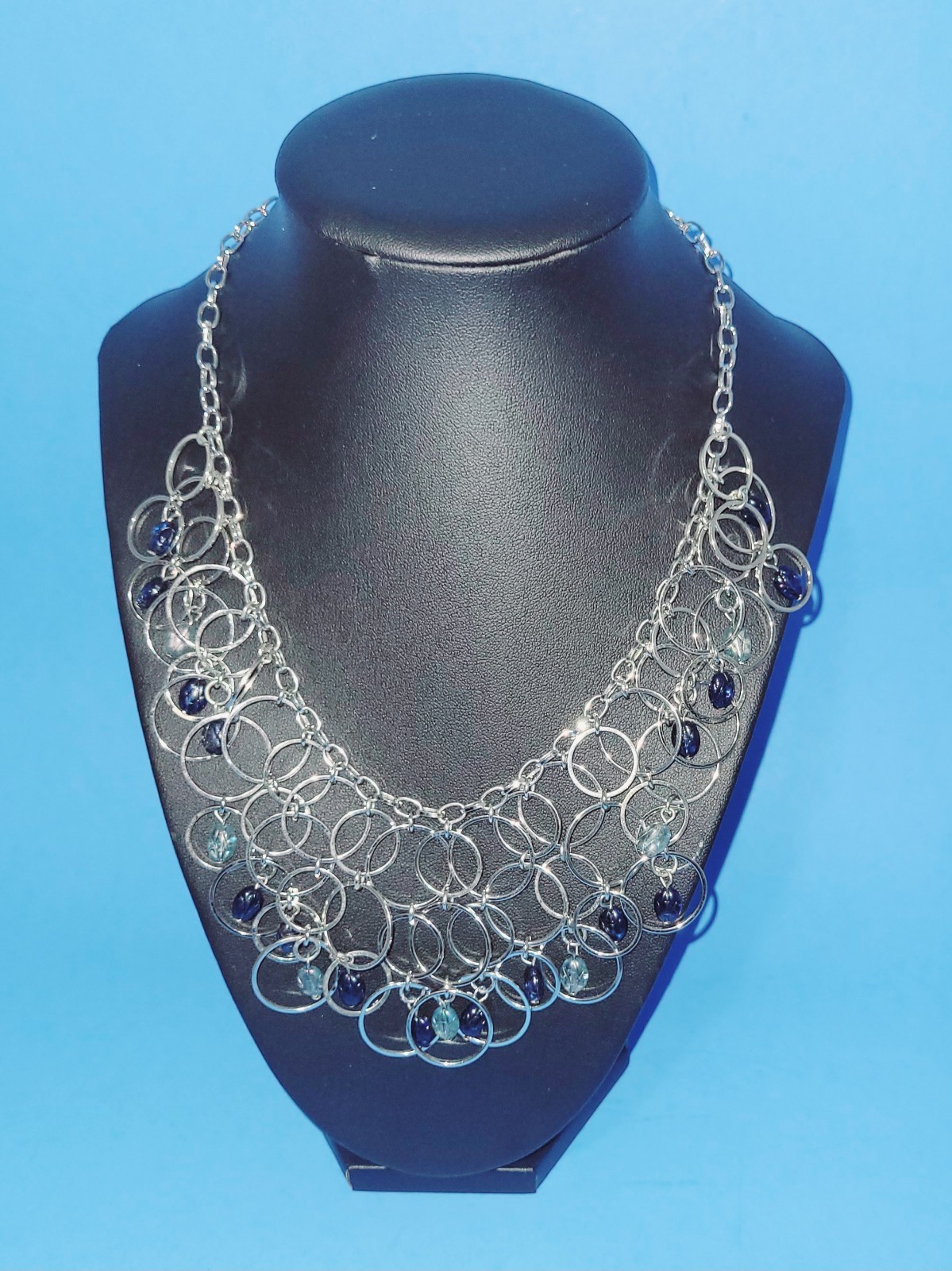 VTG Silverstone Adjustable Necklace With Blue & Aqua Marine Glass Beads