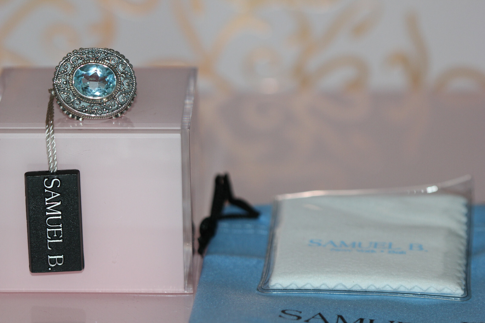 NWT Samuel B. Large Blue Topaz Sterling Silver Ring sz 4.5 polish cloth & bag