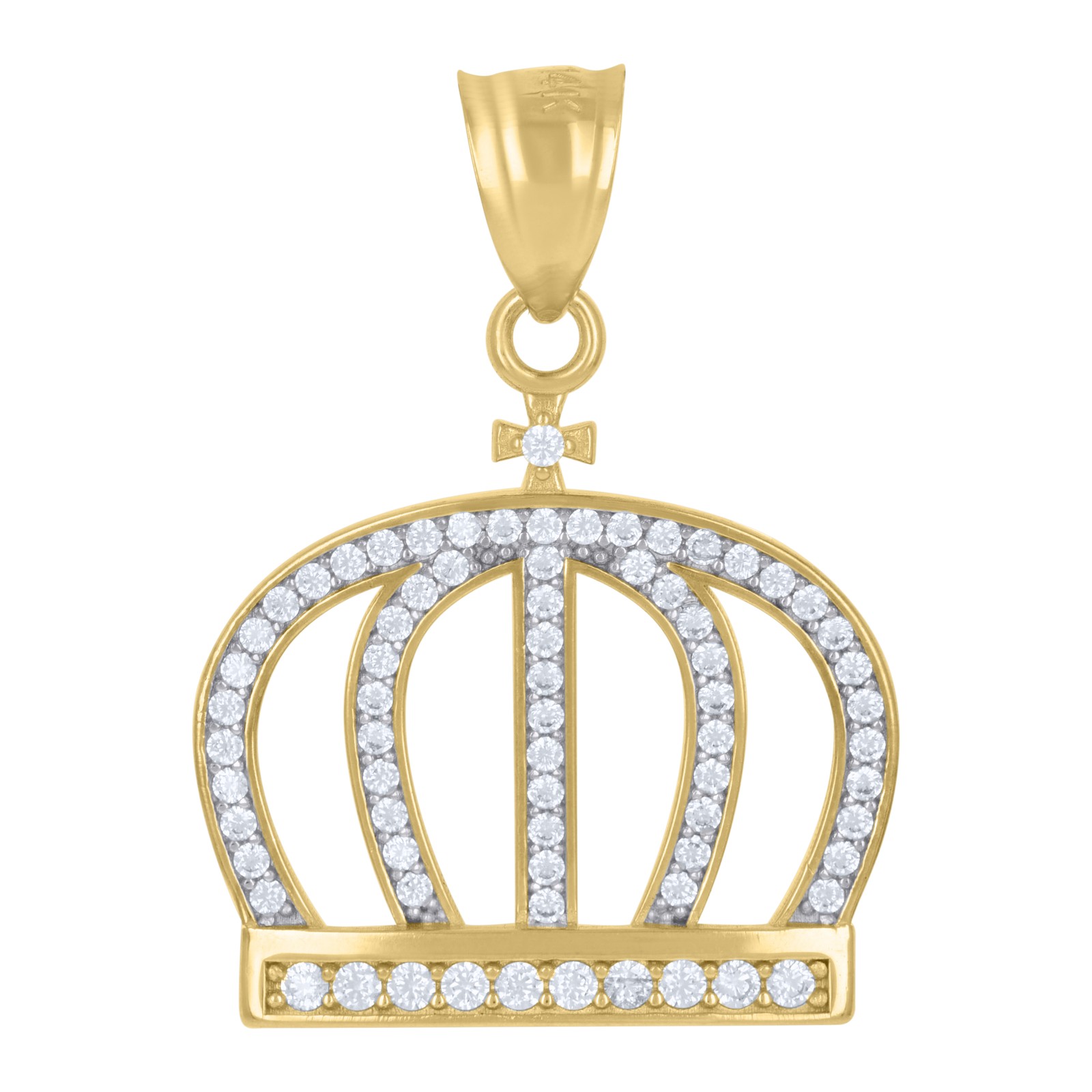 14K Two Tone Gold Round CZ Men’s 1.15″ Royal Charm Iced Out King’s Crown Pendant