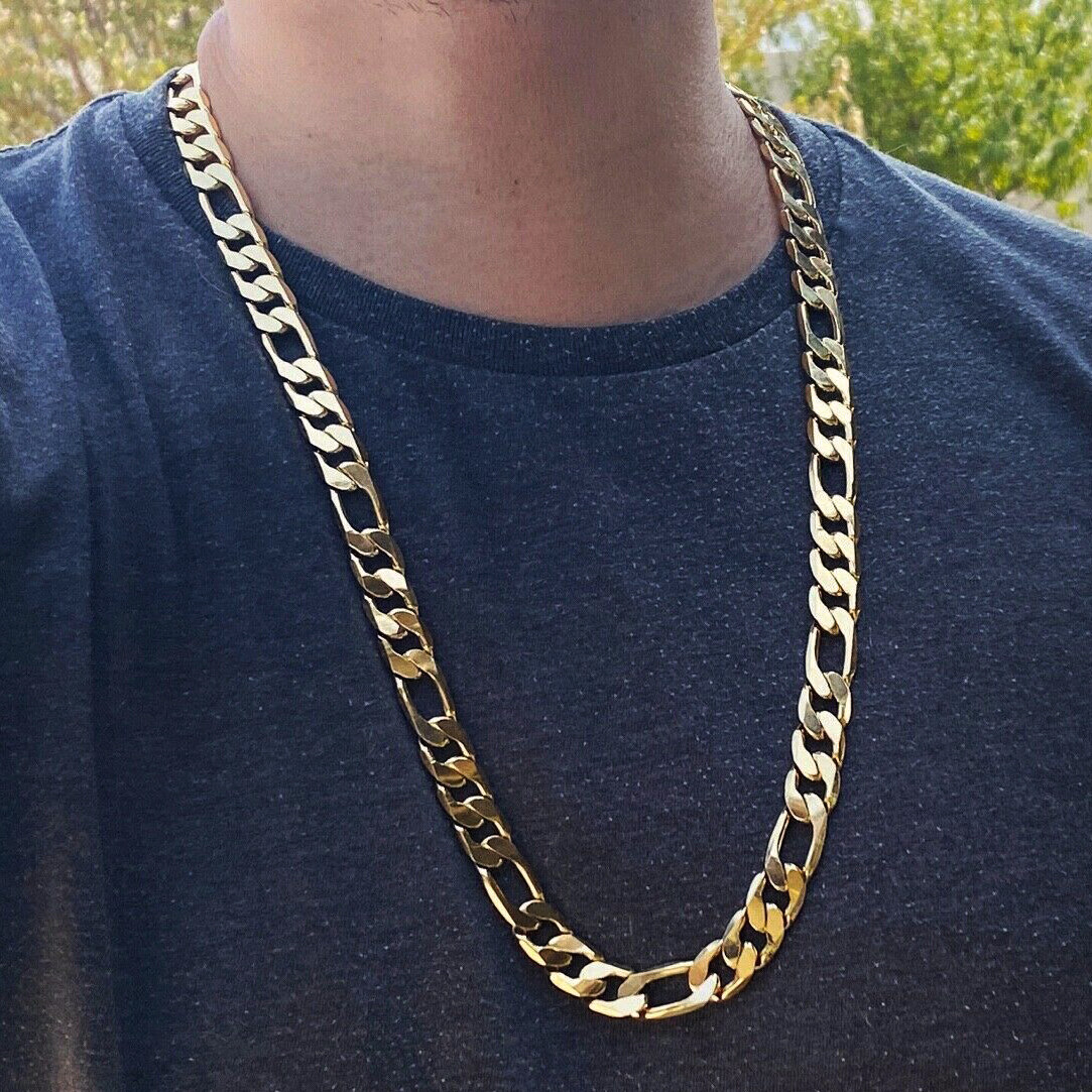 Men’s 14k Gold Plated Figaro Link Chain 30″ Inch x 12MM Thick Hip Hop Necklace