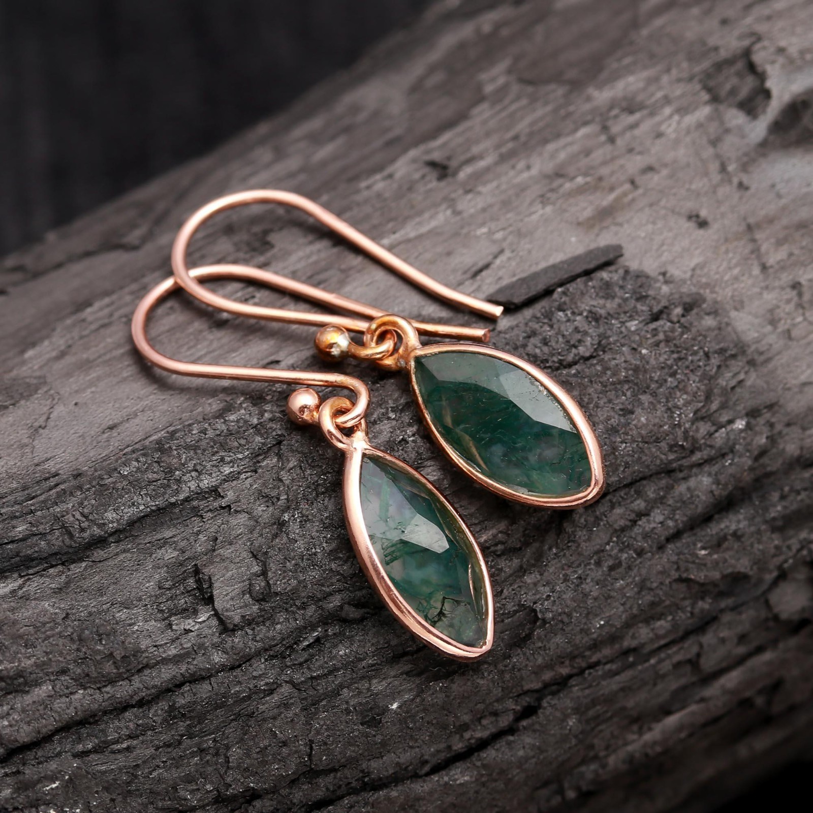 Natural Moss Agate Marquise Dangle Earrings Rose Gold Fill Solid Silver Jewelry