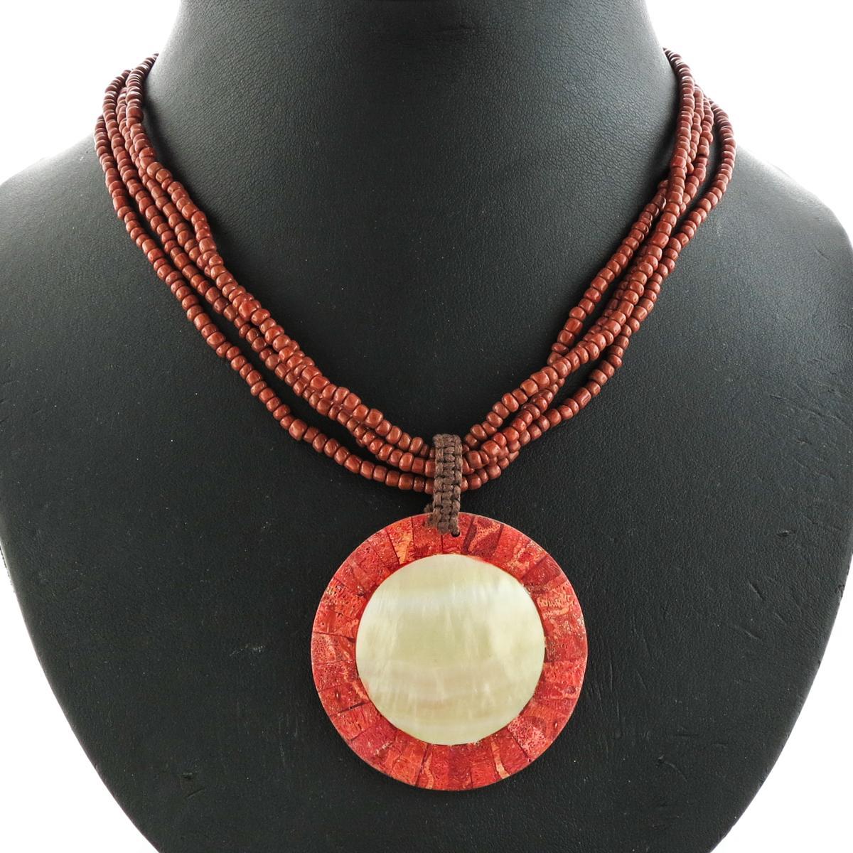 Round Red Coral Mother Of Pearl Pendant Earthy Red Beads Necklace, 1 3/4″