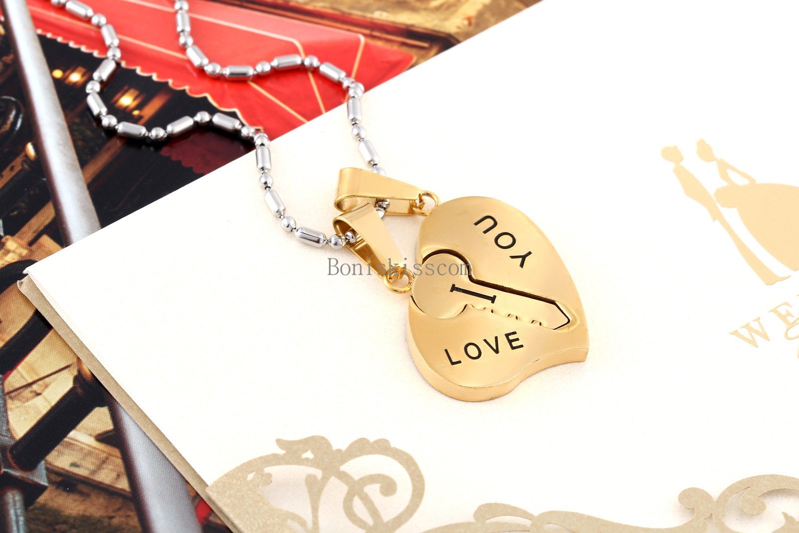 Stainless Steel Couples Key to Heart Pendants “I Love You” Love Necklace 1 Pair
