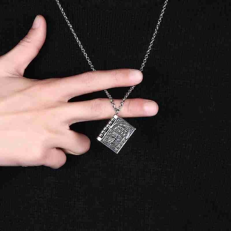 Holy Bible Book Silver Locket Necklace – Religious Prayer Christian Scripture