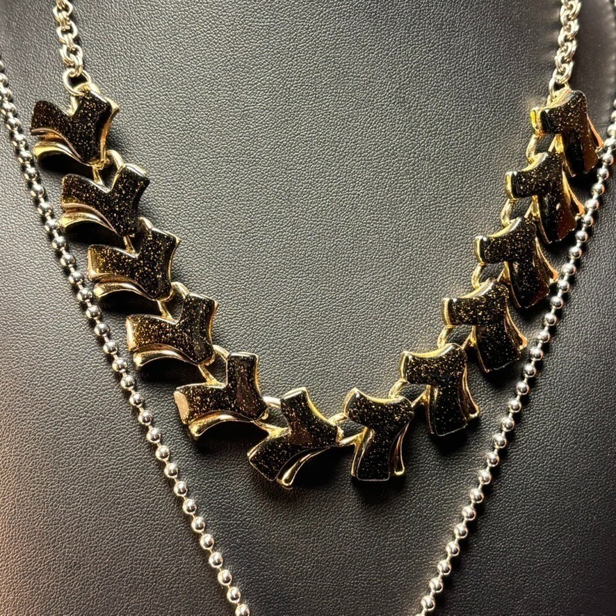 Necklace Set Vintage Silver Gold Heart Pendant Black Glitter Lucite Links