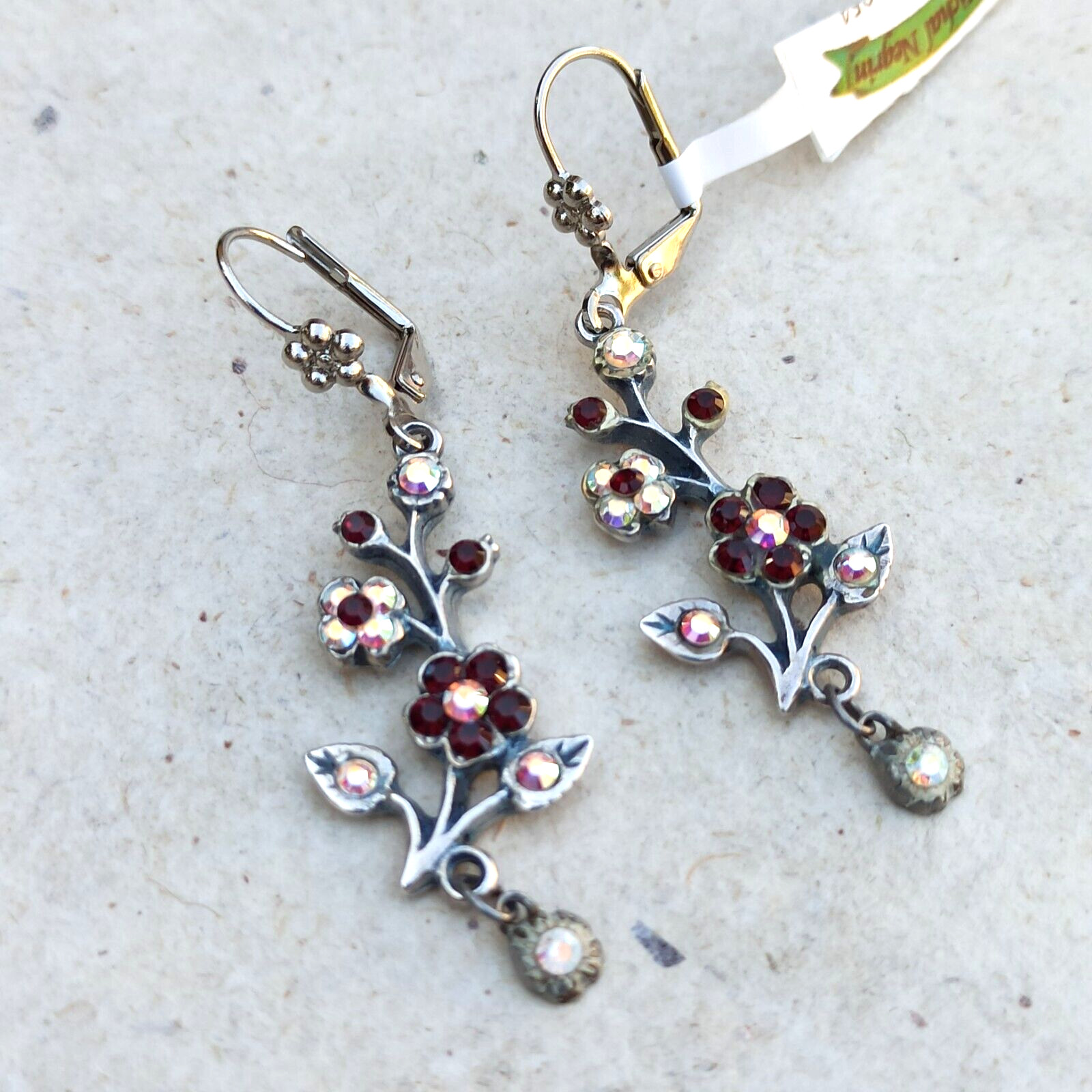 Michal Negrin Earrings Silver Aurora Borealis Red Crystals Long Flower Branch