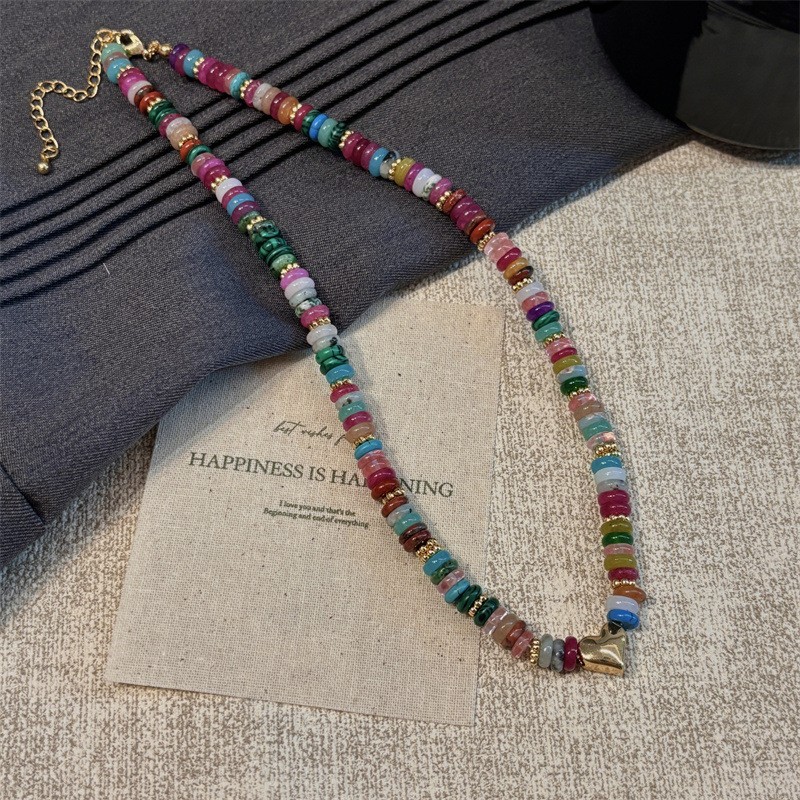 Rainbow Dopamine Natural Stone Necklace, Luxury Heart Pendant Choker Sweater Cha