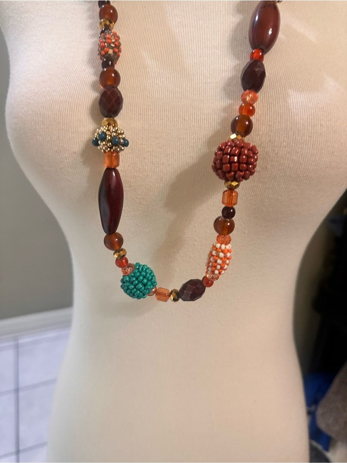 Source Unknown Brown and Teal Beaded Long Necklace