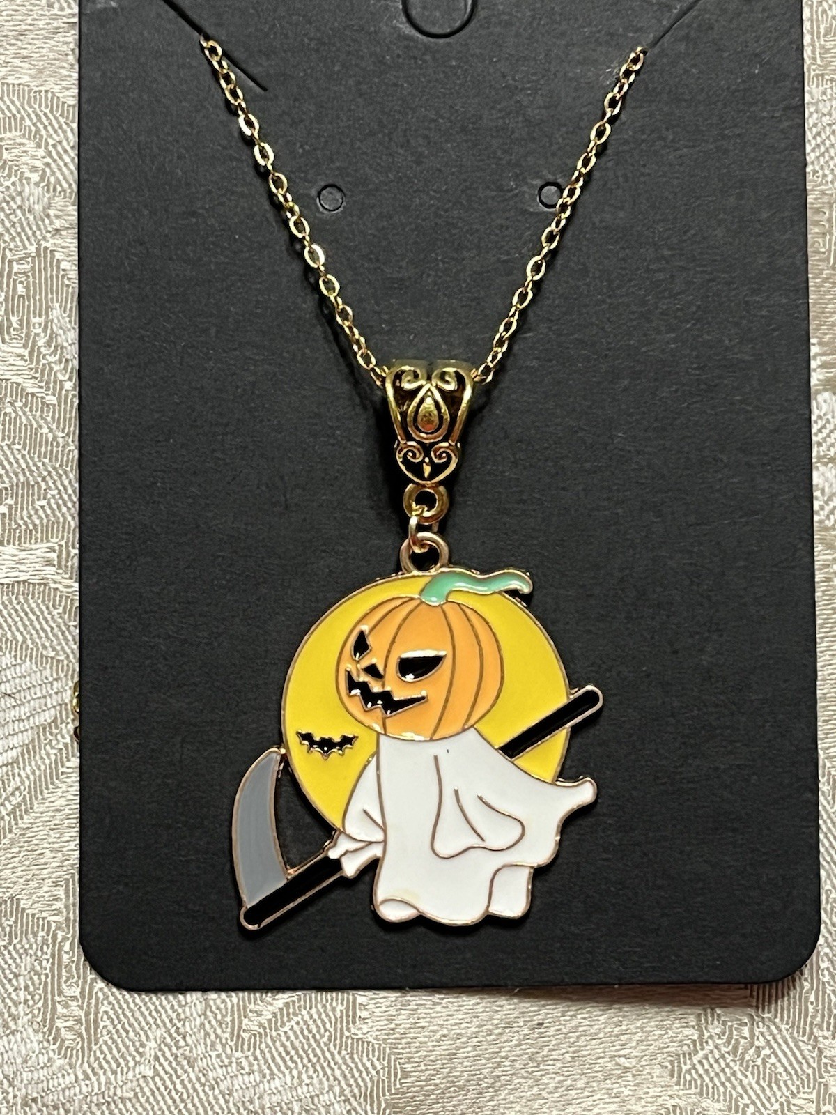 Pumpkin Ghost Scythe Moon Bats Halloween Charm Pendant Gold Dangle Fun Necklace