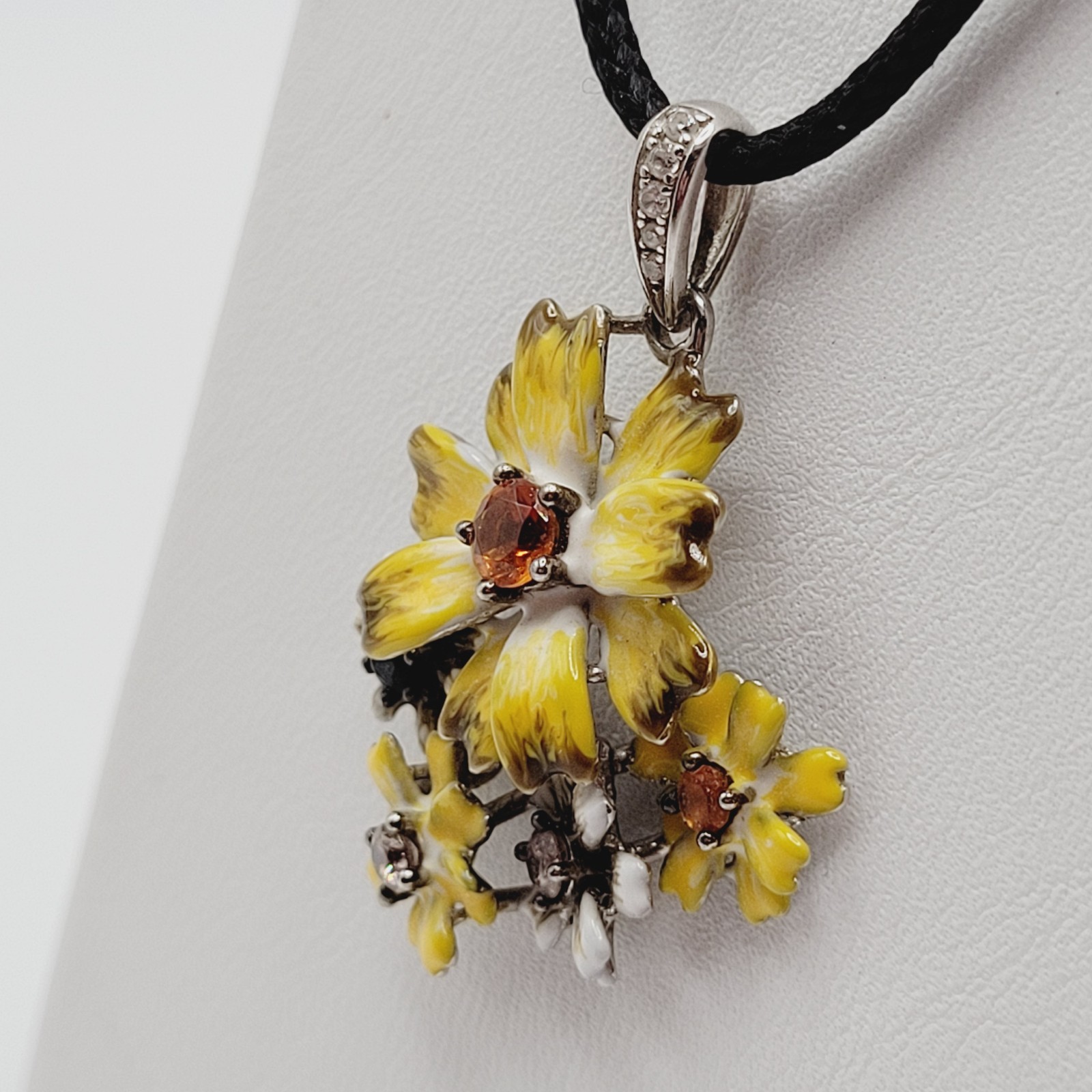 Yellow Flower Floral Bouquet Cluster 925 Pendant Black Cord Necklace 19 Inch