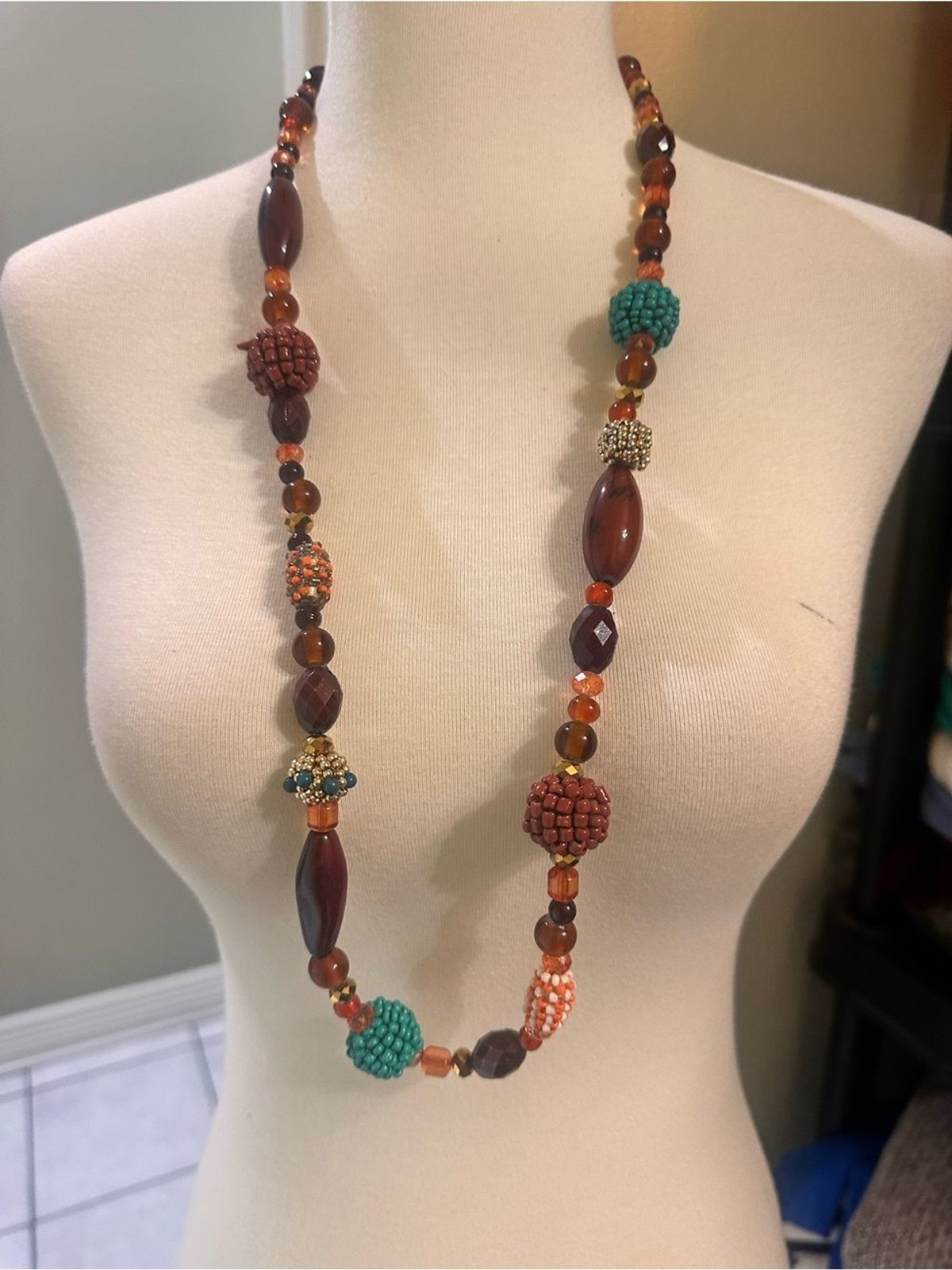 Source Unknown Brown and Teal Beaded Long Necklace