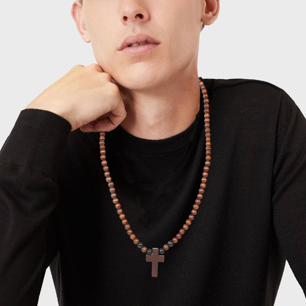 Wooden Cross Necklace For Men Beaded Chain Necklace Rosary Trendy Necklace