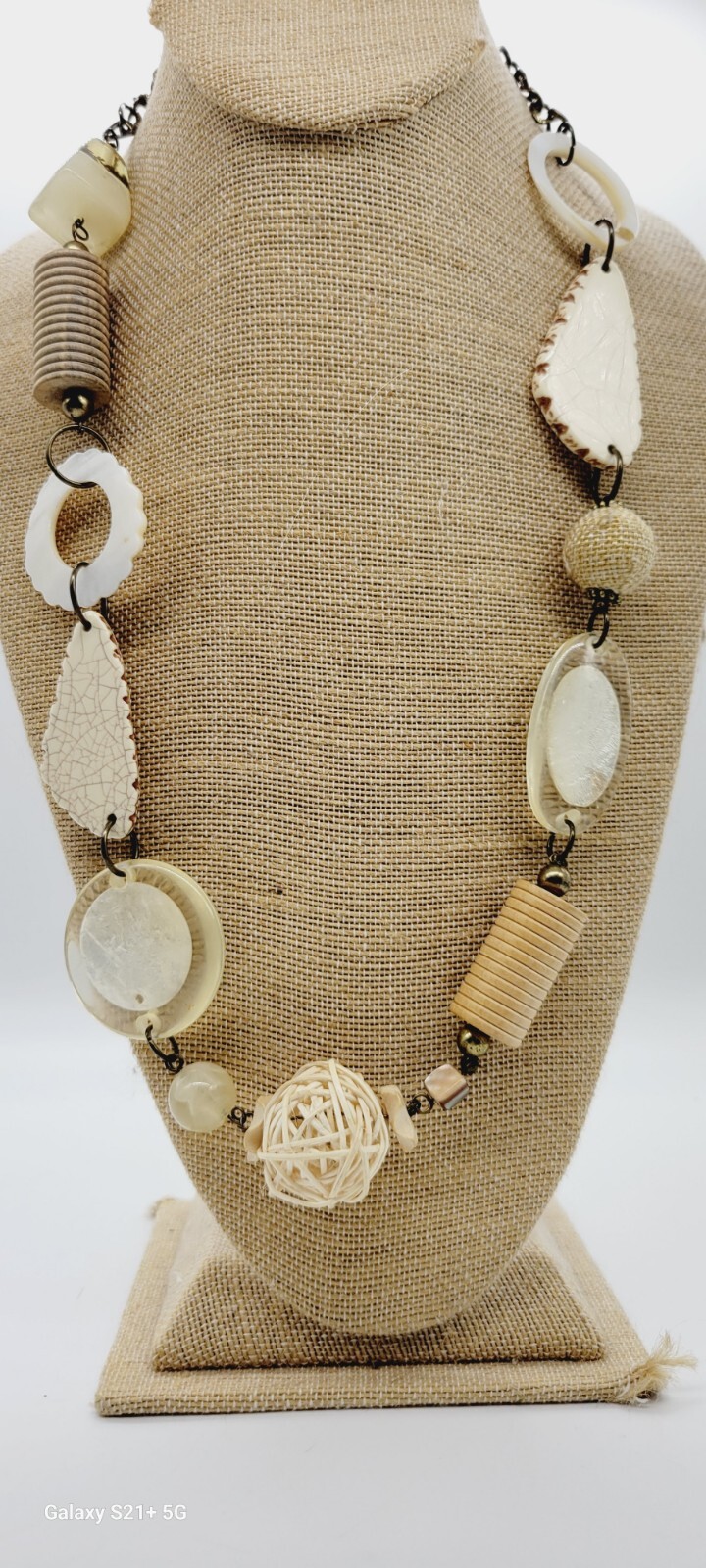 Chunky Necklace Wood Acrylic Metal Marbled Ivory Colors Asymmetrical 32 in