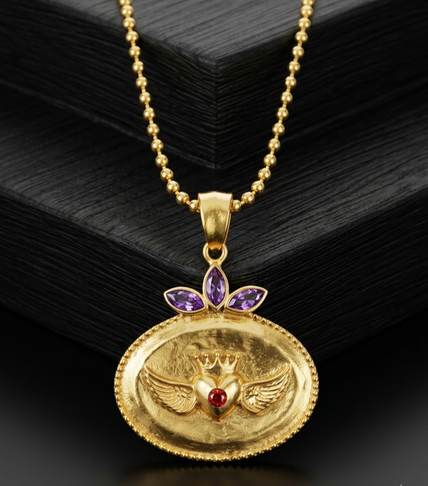 Unique Heart With Amethyst And Garnet Brass. Gold Color Pendent Comes With Chain