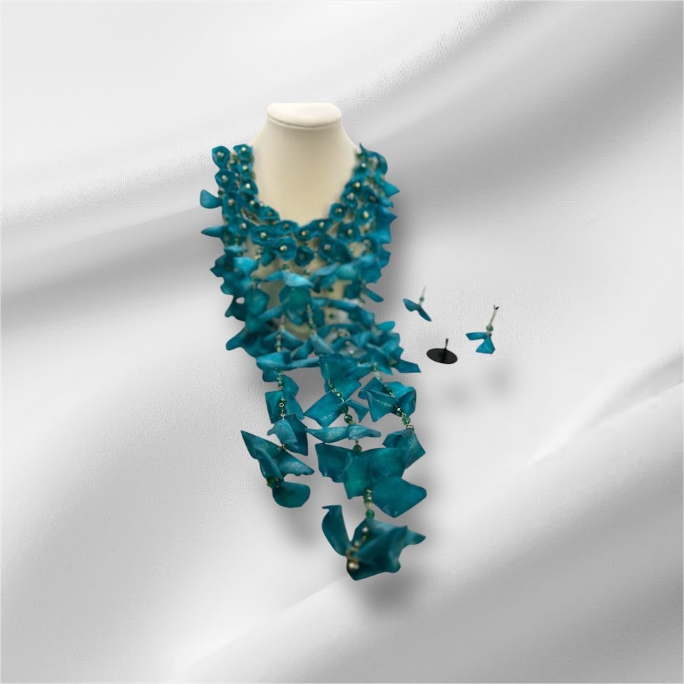 Aqua Turquoise Color Fish Scale Cascade Bib Statement Necklace