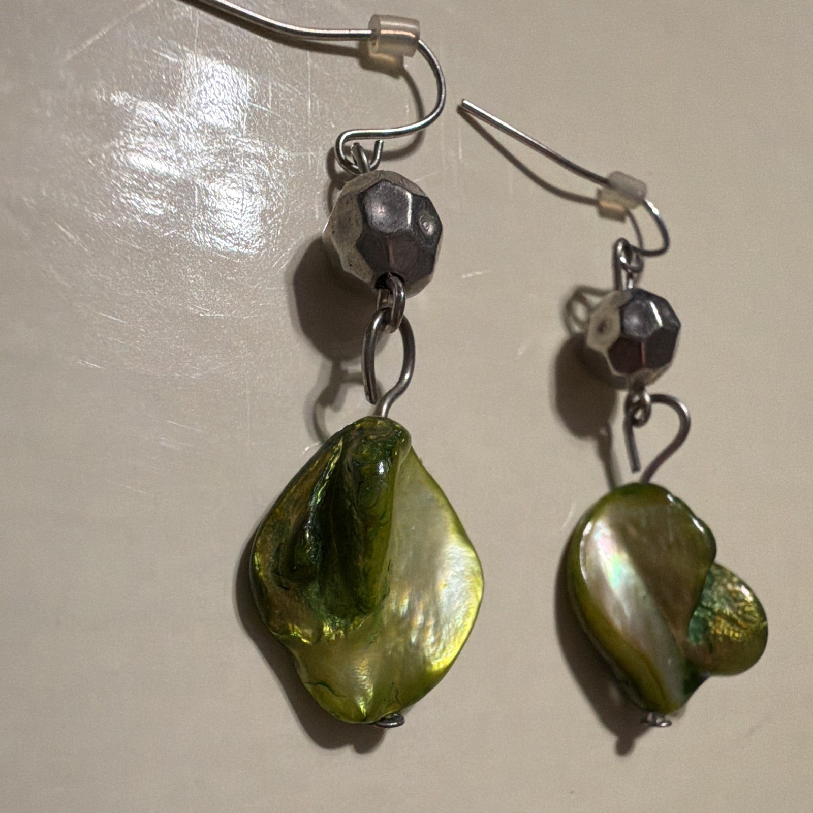 Green Shell Dangle Drop Earrings Hook Closure Silver-Tone Metal for Lobe