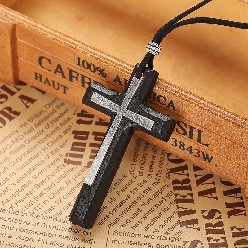 Handmade double-layer alloy wood cross long pendant sweater velvet rope necklace