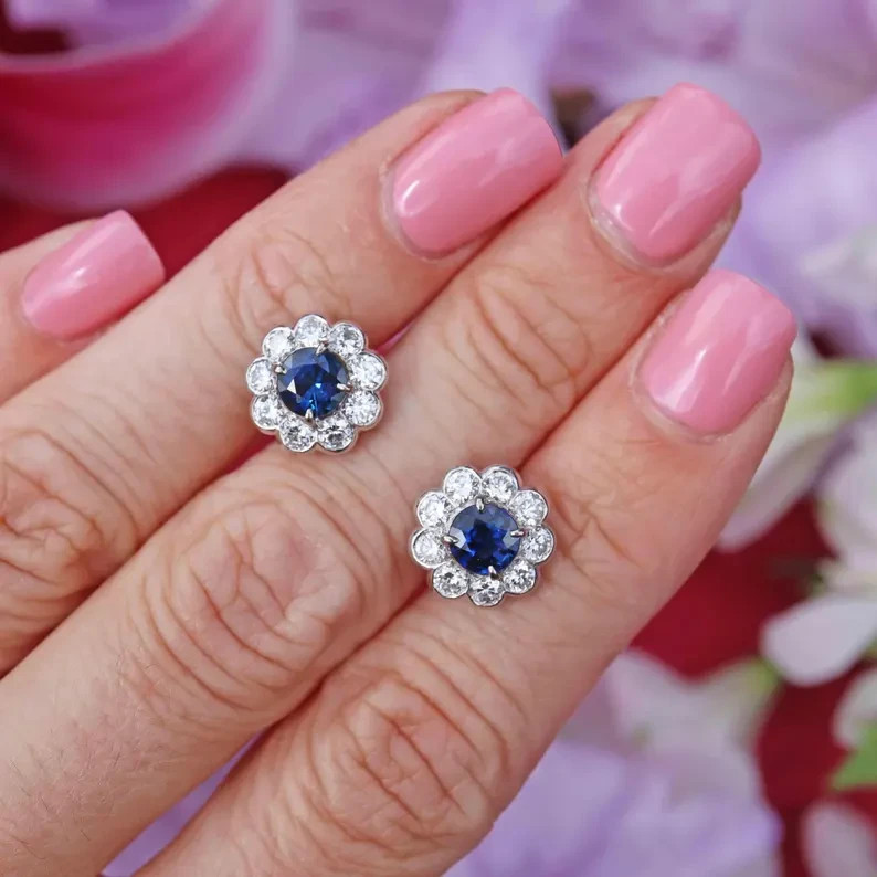 2 Ct Round Simulated Sapphire Wedding Flower Stud Earring 14k White Gold Plated