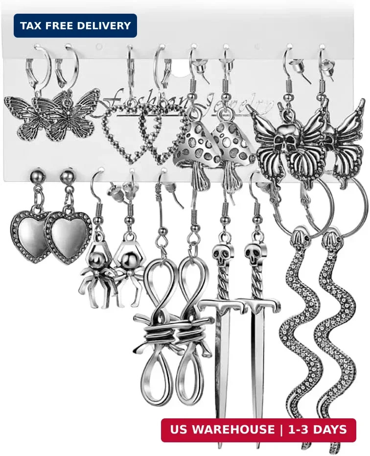 Gothic Earrings Set, Metal Punk Goth Vintage Silver Snake Spider Butterfly…
