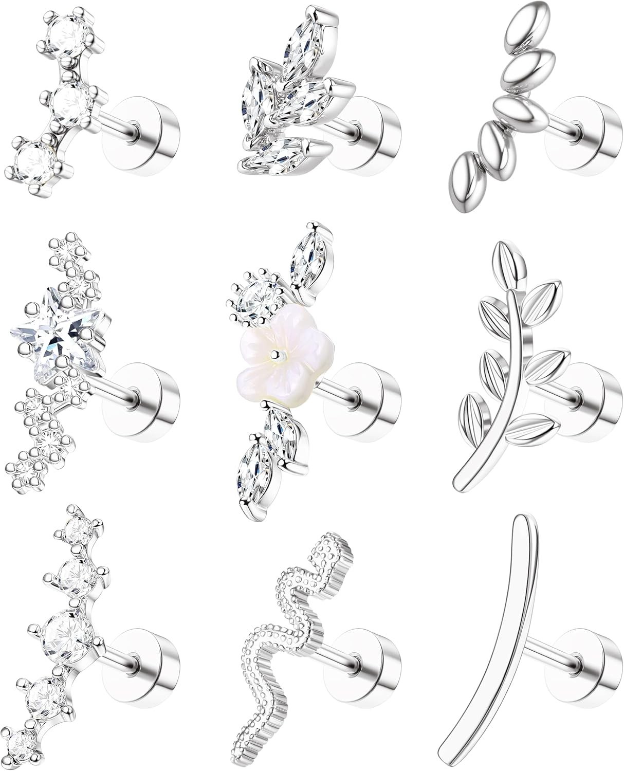 9Pcs Flat Back Cartilage Earrings for Women Trendy 16G Tragus Conch Helix Pie…