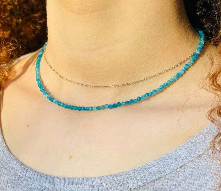 2mm Blue Apatite Choker Necklace Dainty Crystal Beaded Minimalist Gift for Her