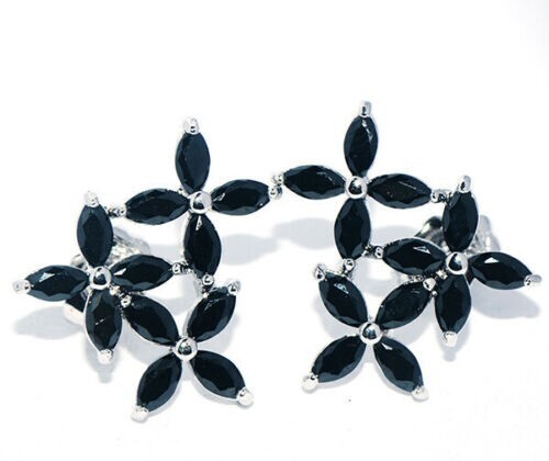 Beautiful New Silver Filled Black Marquis CZ Triple Flower Stud Earrings
