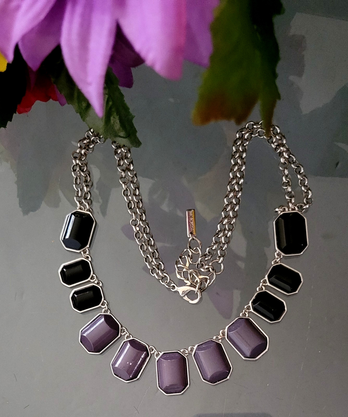 Gradient Black Purple Bezel Style Stones Dual Strand Necklace by Cookie Lee