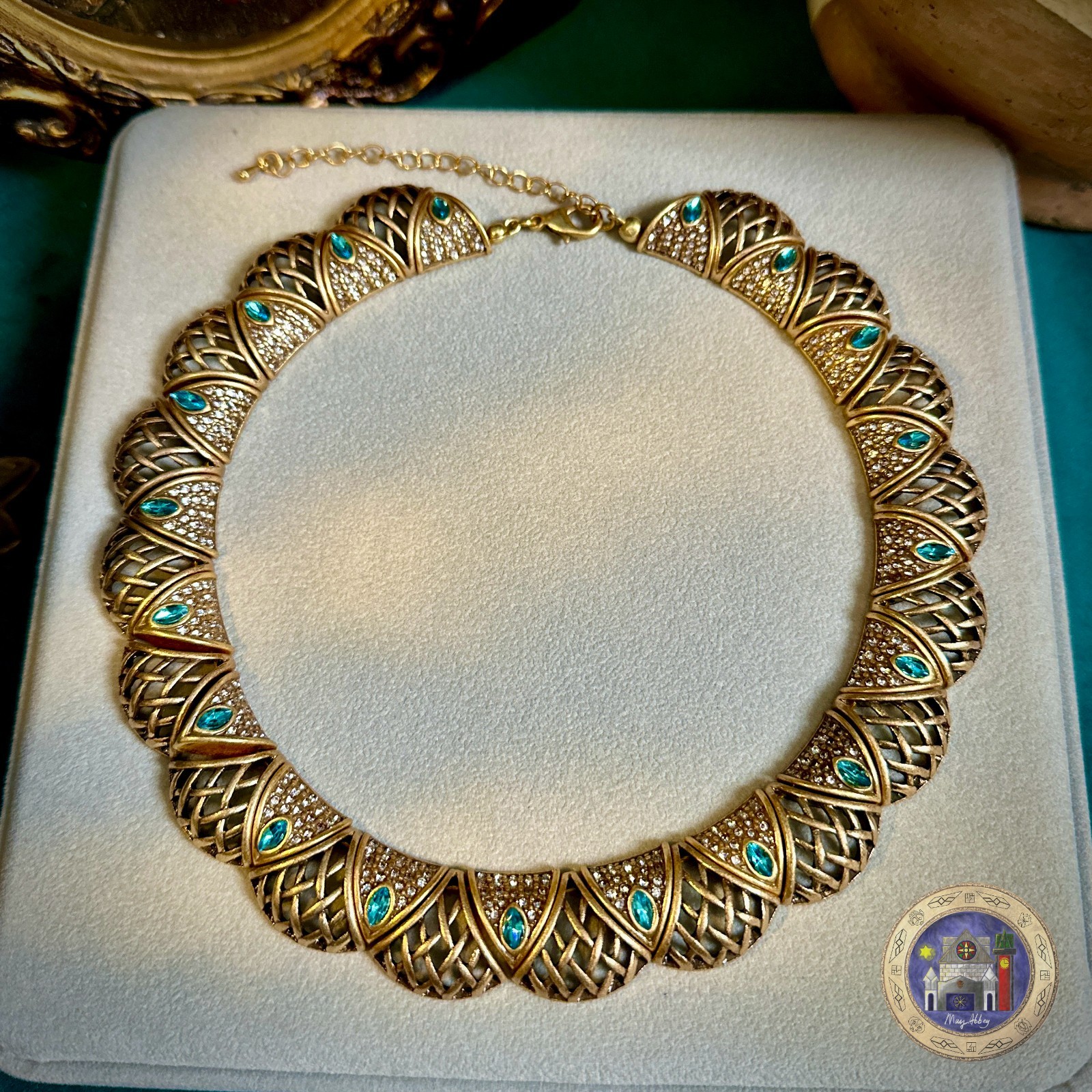 Art Deco Inspired Geometric Choker Necklace Gold Tone Blue Green Rhinestone