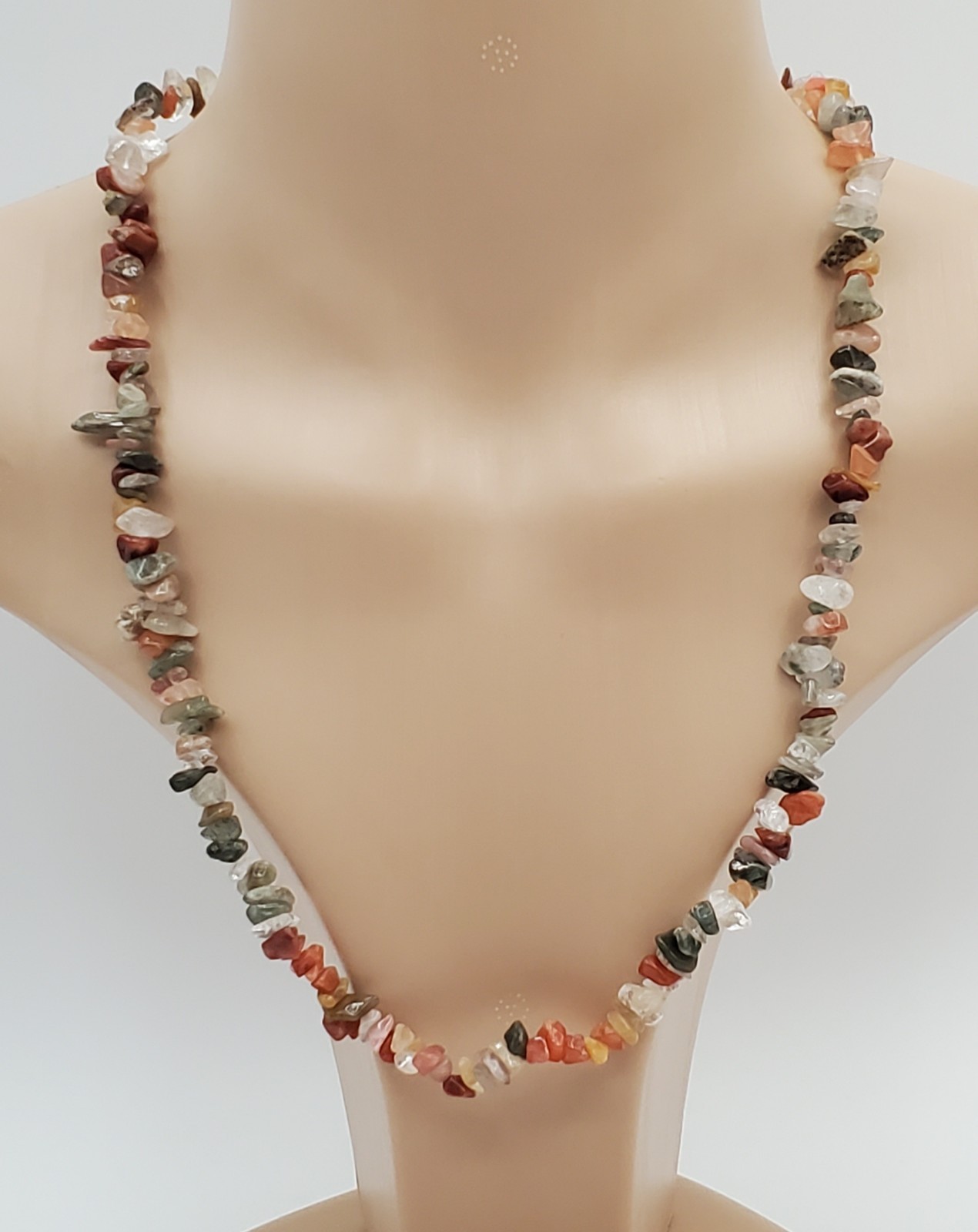 VTG Gemstone Chip Bead Necklace 23in Aventurine Carnelian Jasper Quartz Agate