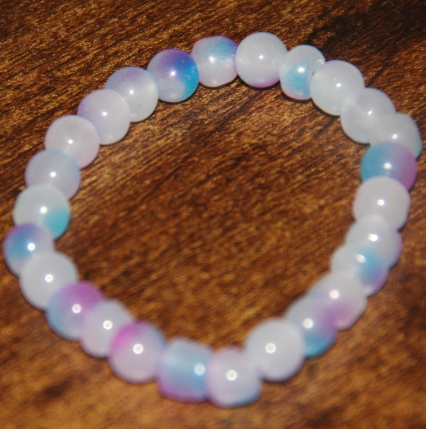 White Blue Purple Splotch Round Glass Bead Stretch Bracelet Fashion Jewelry Boho