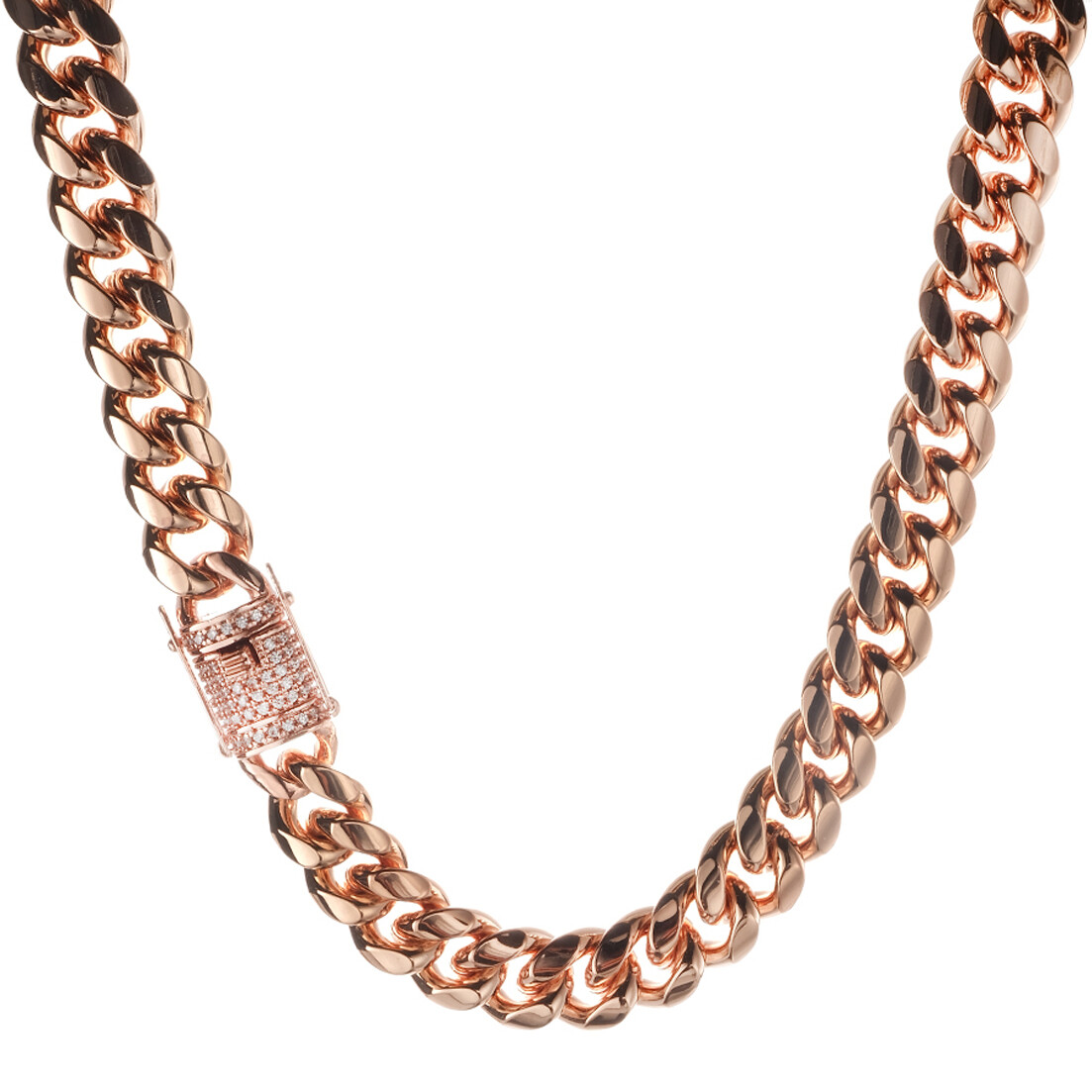 Men Women Rose Gold Stainless Steel Miami Cuban Link Chain Necklace CZ Clasp